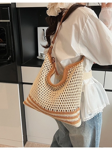 Women Fashion Hollow Out Straw Woven Shoulder Bag Large Capacity Summer Beach Tote Casual Hobo Purse With PU Leather Strap