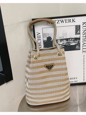 Vintage Striped Canvas Bucket Bag For Women Fashion Casual Commuter Shoulder Underarm Bag Woven Rope Handle Handbag