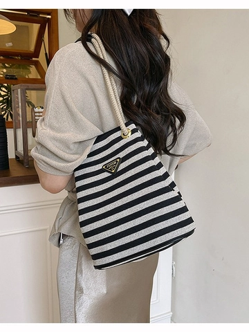 Vintage Striped Canvas Bucket Bag For Women Fashion Casual Commuter Shoulder Underarm Bag Woven Rope Handle Handbag