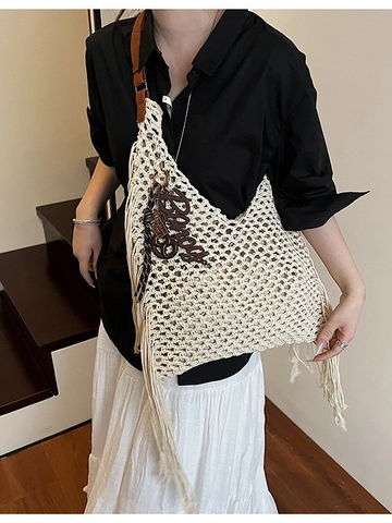 Vintage Handmade Woven Hollow Out Tote Bag For Women Summer Beach Vacation Single Shoulder Bag With Tassel Leather Strap