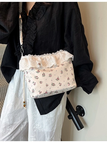 Sac Bandoulière Floral Pastorale Française Femmes Doux Bordure en Dentelle Toile Sac à Épaule Sangle Réglable Mode