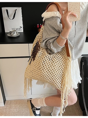 Vintage Handmade Woven Hollow Out Tote Bag For Women Summer Beach Vacation Single Shoulder Bag With Tassel Leather Strap
