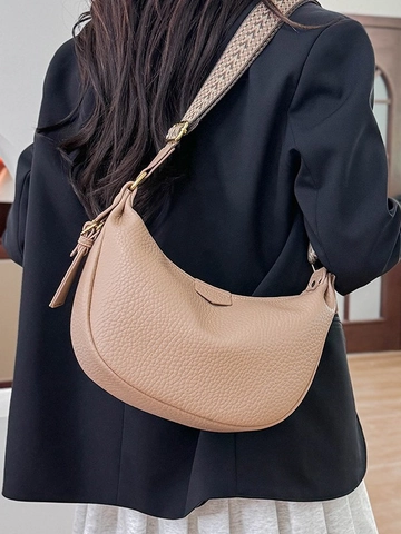 Women PU Leather Dumpling Hobo Bag With Wide Bohemian Woven Strap Large Capacity Zip Crossbody Shoulder Bag Purse
