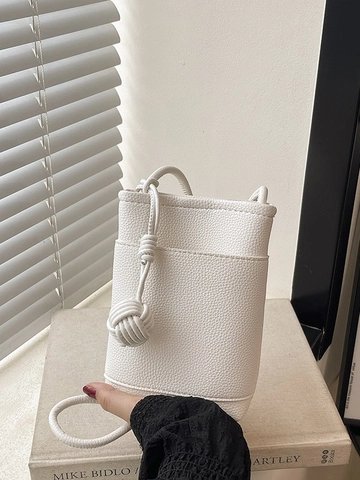 Women Simple Fashion Small PU Leather Crossbody Bag Lychee Grain Mini Bucket Phone Bag With Woven Knot Daily Storage Pouch