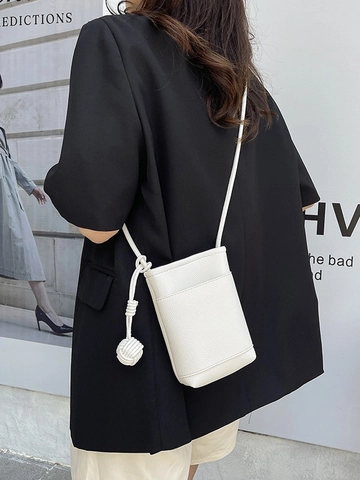 Women Simple Fashion Small PU Leather Crossbody Bag Lychee Grain Mini Bucket Phone Bag With Woven Knot Daily Storage Pouch