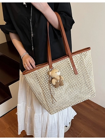 Large Capacity Straw Woven Tote Bag For Women Summer Beach Vacation Shoulder Bag With Bear Pendant Straw Handbag