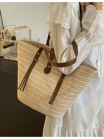 Bohemian Straw Tote Bag For Women Large Capacity Woven Summer Beach Shoulder Bag With Tassel PU Leather Handle Casual