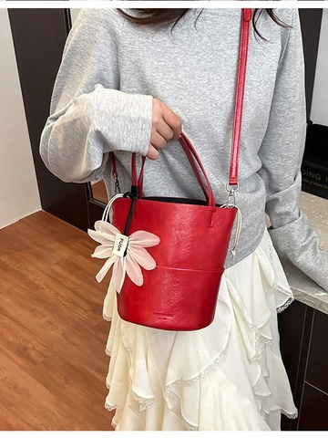Women Minimalist PU Leather Bucket Bag With Flower Charm Small Crossbody Handbag For Daily Commuting Office Fashion