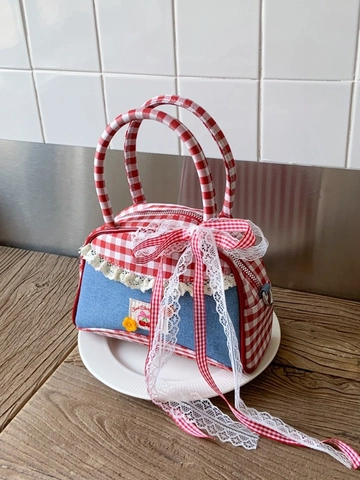 Women Vintage Red Gingham Canvas Denim Patchwork Boston Handbag Sweet Cherry Lace Bow Shoulder Bag Small Crossbody Bag