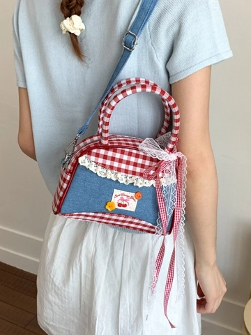 Women Vintage Red Gingham Canvas Denim Patchwork Boston Handbag Sweet Cherry Lace Bow Shoulder Bag Small Crossbody Bag