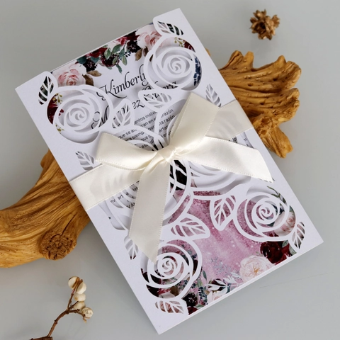 Elegant Laser Cut Wedding Invitations Rose Floral Invitation Cards With Satin Ribbon Bow For Marriage Party Celebration
