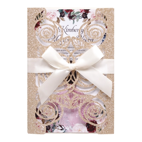 Laser Cut Rose Glitter Wedding Invitations With Envelopes Bowknot Ribbon Hollow Out Floral Greeting Cards For Party Ceremony