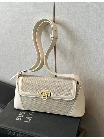 Bolso de Hombro Vintage de Lona y PU para Mujer Color de Contraste Bolso de Axila Con Cierre de Metal Dorado Correa Ajustable Bolso de Bandolera de Moda