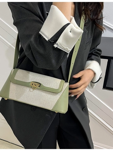 Bolso de Hombro Vintage de Lona y PU para Mujer Color de Contraste Bolso de Axila Con Cierre de Metal Dorado Correa Ajustable Bolso de Bandolera de Moda