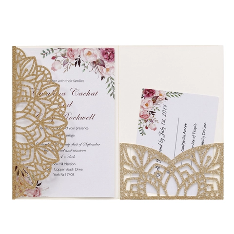 European Laser Cut Mandala Wedding Invitations Set Glitter Paper Hollow Pocket With Flower Printing Insert Card RSVP Envelope For Marriage Ceremony Anniversary Party