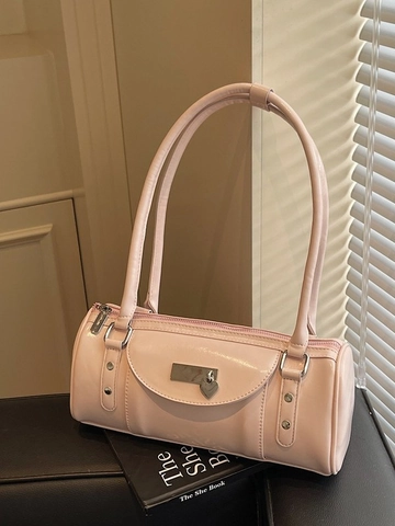Bolso de Hombro Bowling para Mujer de Cuero PU Brillante Con Colgante de Corazón Remaches Minimalista Color Sólido Vintage