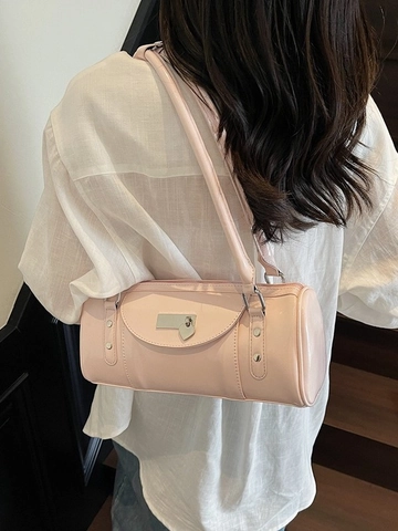 Bolso de Hombro Bowling para Mujer de Cuero PU Brillante Con Colgante de Corazón Remaches Minimalista Color Sólido Vintage