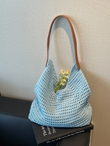 Women Hollow Knit Crochet Tote Bag Large Capacity Weaving Beach Bag Shoulder Bag Leather Strap Casual Summer Handbag