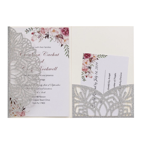 European Laser Cut Mandala Wedding Invitations Set Glitter Paper Hollow Pocket With Flower Printing Insert Card RSVP Envelope For Marriage Ceremony Anniversary Party