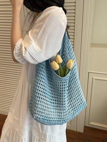 Women Hollow Knit Crochet Tote Bag Large Capacity Weaving Beach Bag Shoulder Bag Leather Strap Casual Summer Handbag