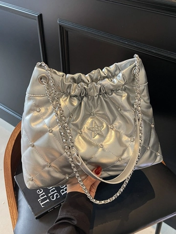 Women Quilted Diamond Pattern Bucket Bag Fashion Star Rhinestone Chain Crossbody Bag PU Leather Versatile Retro Shoulder Bag