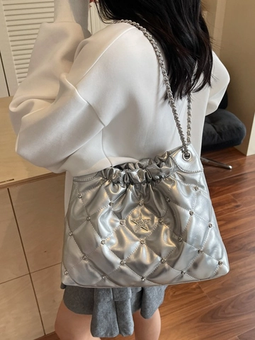 Women Quilted Diamond Pattern Bucket Bag Fashion Star Rhinestone Chain Crossbody Bag PU Leather Versatile Retro Shoulder Bag