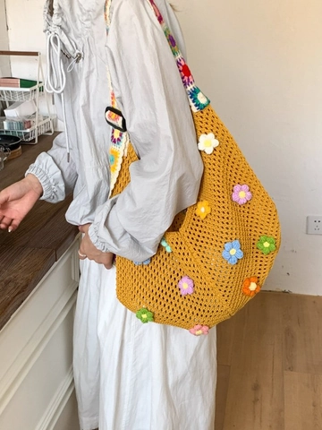 Borsa a Maglia Fatta a Mano all'Uncinetto di Grande Capacità Con Decorazione Floreale 3D Bohemian Borsa Tote a Tracolla Traforata Donna Tracolla Colorata