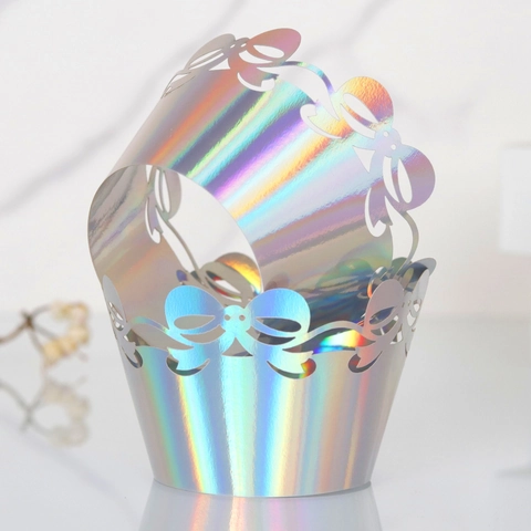 Holografisch Silber Lasergeschnittene Muffinförmchen Krone Schmetterling Pappe Dekor Für Geburtstag Hochzeit Party