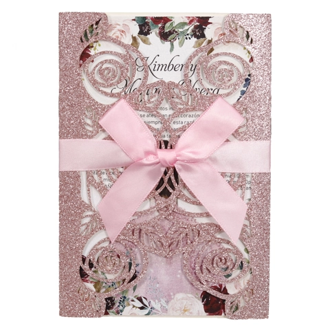 Laser Cut Rose Glitter Wedding Invitations With Envelopes Bowknot Ribbon Hollow Out Floral Greeting Cards For Party Ceremony