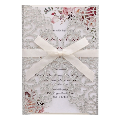 Invitations de Mariage en Papier Pailleté Découpé au Laser Avec Ruban de Satin Cartes d'Invitation Ajourées de Style Européen