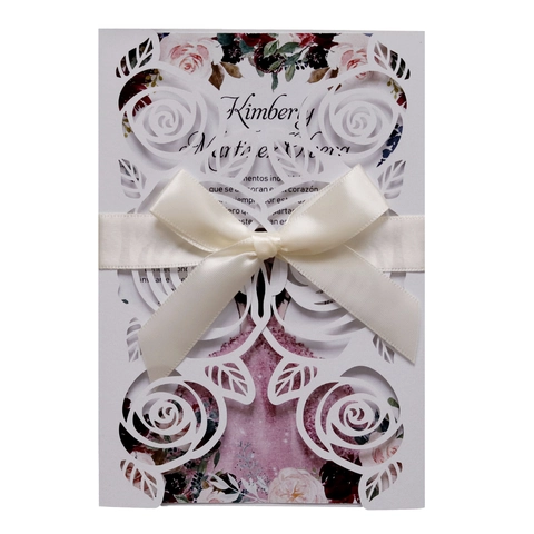 Invito di Nozze in Stile Europeo Taglio Laser Rosa Con Busta Nastro Biglietto d'Auguri Floreale Intagliato per Matrimonio