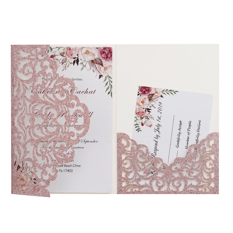 Laser Cut Glitter Wedding Invitations Including Envelopes Pearl Paper Hollow Pocket Invitation Cards For Marriage Celebration