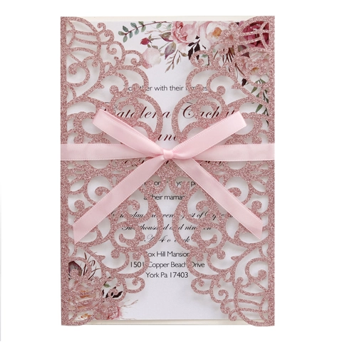Invitations de Mariage en Papier Pailleté Découpé au Laser Avec Ruban de Satin Cartes d'Invitation Ajourées de Style Européen