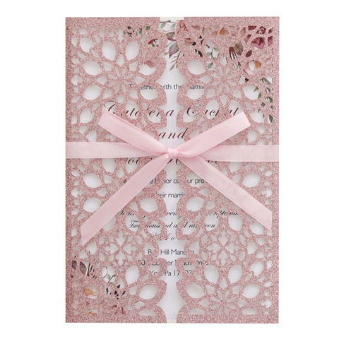 Laser Cut Wedding Invitations Glitter Hollow Invitations Card With Ribbon Inner Sheet Envelope Party Celebration Gift Card