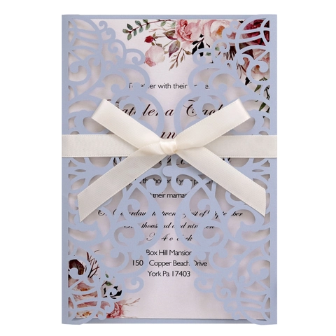 Invitations de Mariage Découpées au Laser de Style Européen Avec Feuille Intérieure Florale Nœud Et Enveloppes Carte Élégante