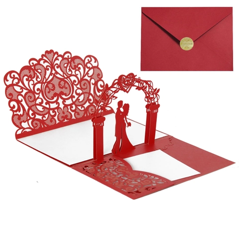 Biglietto Invito Matrimonio 3D Pop Up Taglio Laser Traforato Pizzo Rosso Set Biglietti Fidanzamento Con Buste Per Festa