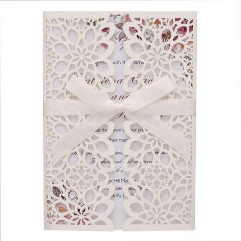 Laser Cut Wedding Invitations Glitter Hollow Invitations Card With Ribbon Inner Sheet Envelope Party Celebration Gift Card