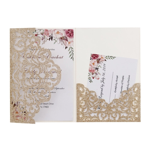 Laser Cut Glitter Wedding Invitations Including Envelopes Pearl Paper Hollow Pocket Invitation Cards For Marriage Celebration
