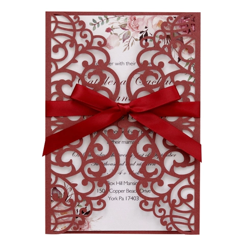 Invitations de Mariage Découpées au Laser de Style Européen Avec Feuille Intérieure Florale Nœud Et Enveloppes Carte Élégante