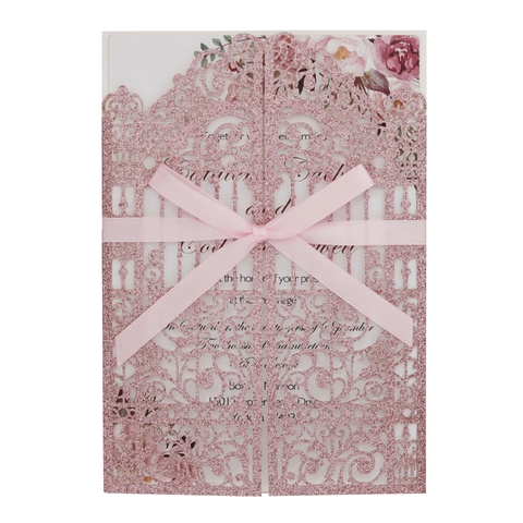 Invito Matrimonio Taglio Laser Stile Europeo Carta Luccicante Design Porta Svuotata Con Fiocco in Raso e Pagina Interna Floreale