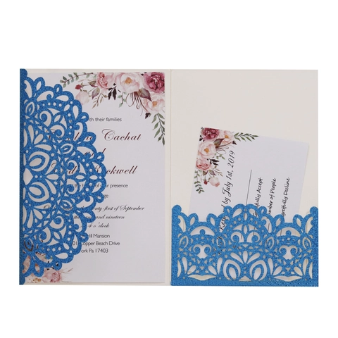 Laser Cut Wedding Invitations Glitter Paper Lace Hollow Invitation Cards With Envelopes RSVP Cards For Wedding Party Elegant Floral Invites