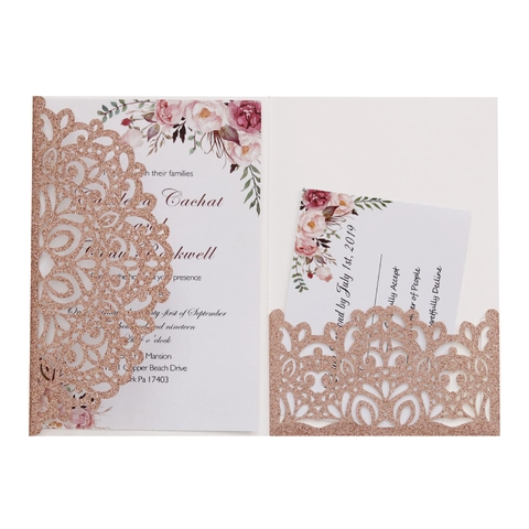Laser Cut Wedding Invitations Glitter Paper Lace Hollow Invitation Cards With Envelopes RSVP Cards For Wedding Party Elegant Floral Invites
