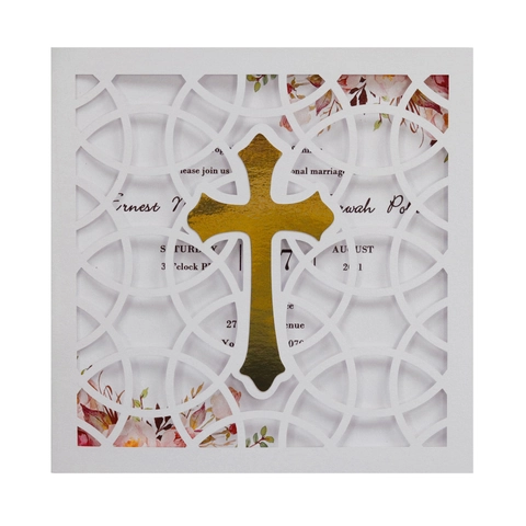 Elegante Biglietto Invito Matrimonio Taglio Laser Con Croce Oro Carta Perlata Bianca Set Biglietti Auguri Per Battesimo Festa