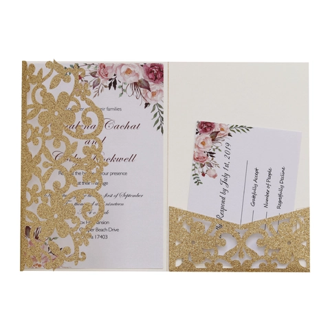 Elegante Laser Geschnittene Hochzeitseinladungen Glitzerpapier Floral Hohl Einladungskarten Mit RSVP Karte Und Umschlägen Für Hochzeitsfeier Bankett