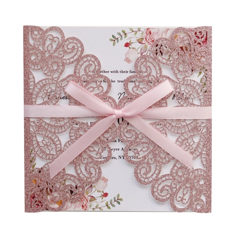 Elegant Laser Cut Wedding Invitation Cards Glitter Powder Hollow Lace Flower Design Ribbon For Wedding Party Anniversary
