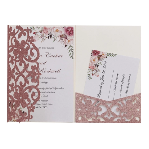 Elegante Laser Geschnittene Hochzeitseinladungen Glitzerpapier Floral Hohl Einladungskarten Mit RSVP Karte Und Umschlägen Für Hochzeitsfeier Bankett
