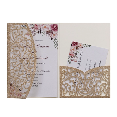 Set di Inviti di Nozze con Taglio Laser Europeo Fogli Interni Floreali Buste Elegante Carta Glitterata Invito al Matrimonio per Banchetti Feste Eventi
