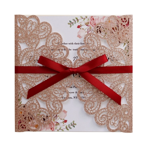 Elegant Laser Cut Wedding Invitation Cards Glitter Powder Hollow Lace Flower Design Ribbon For Wedding Party Anniversary