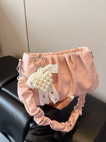 Women Ruched PU Leather Crossbody Bag Shiny Pleated Underarm Shoulder Bag With Pearl Heart Charm Lace Bow Fashion Chic Small Purse