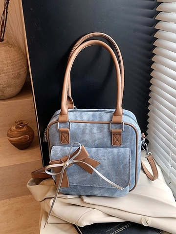 Borsa a Tracolla Quadrata da Donna in Pelle PU Retrò con Fiocco Dolce Borsa a Mano di Tendenza a Contrasto con Tracolla